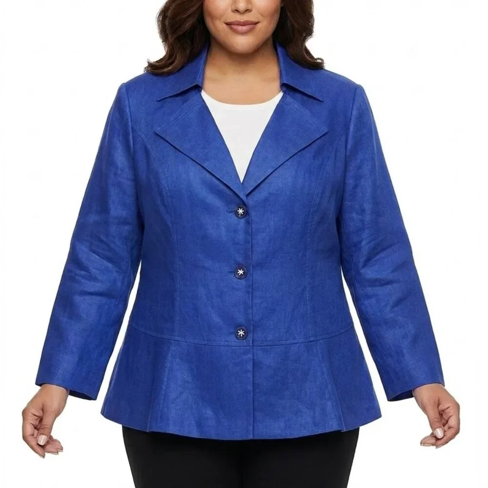 La Rea Collection Cobalt Blue Ramie Linen Peplum Blazer Rhinestone Button 2X